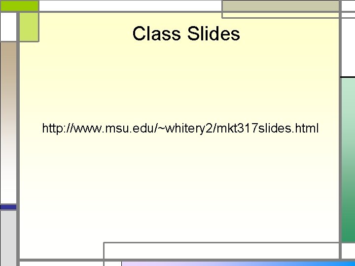 Class Slides http: //www. msu. edu/~whitery 2/mkt 317 slides. html 