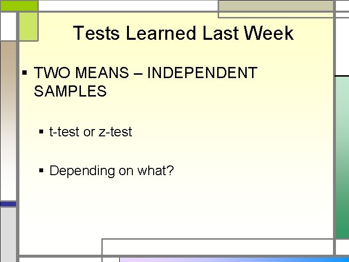 Tests Learned Last Week § TWO MEANS – INDEPENDENT SAMPLES § t-test or z-test