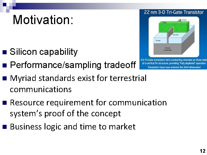 Motivation: Silicon capability n Performance/sampling tradeoff n Myriad standards exist for terrestrial communications n