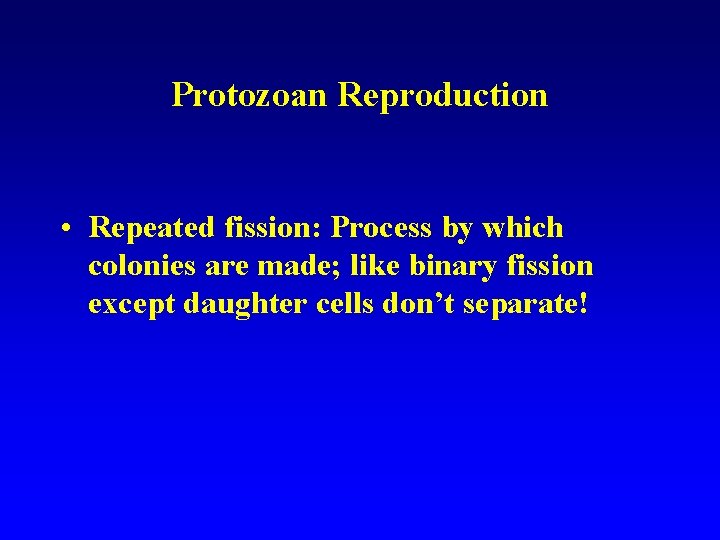 Protozoan Reproduction • Repeated fission: Process by which colonies are made; like binary fission Protozoan Reproduction • Repeated fission: Process by which colonies are made; like binary fission
