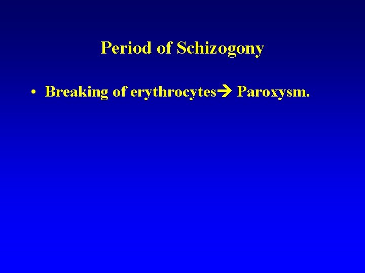 Period of Schizogony • Breaking of erythrocytes Paroxysm. Period of Schizogony • Breaking of erythrocytes Paroxysm.