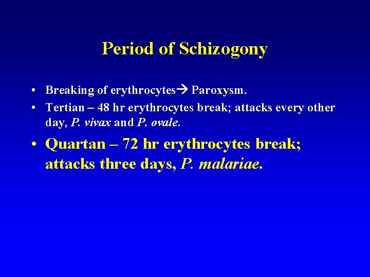 Period of Schizogony • Breaking of erythrocytes Paroxysm. • Tertian – 48 hr erythrocytes Period of Schizogony • Breaking of erythrocytes Paroxysm. • Tertian – 48 hr erythrocytes