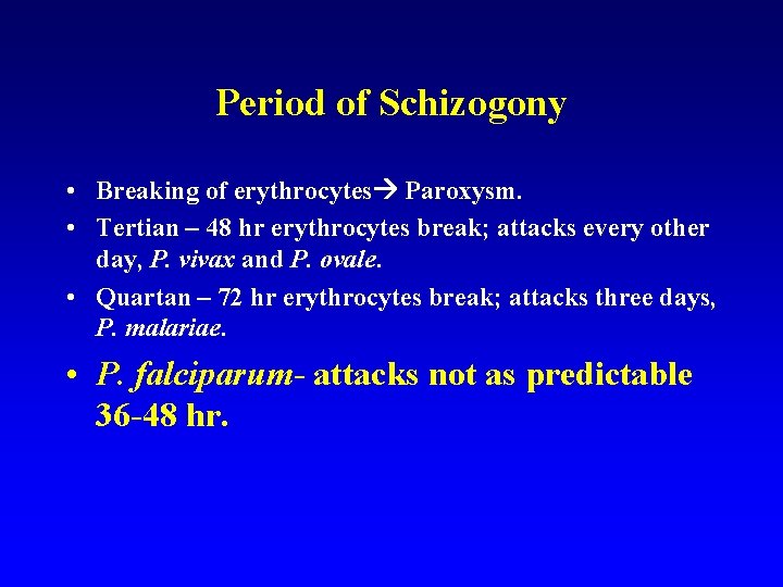 Period of Schizogony • Breaking of erythrocytes Paroxysm. • Tertian – 48 hr erythrocytes Period of Schizogony • Breaking of erythrocytes Paroxysm. • Tertian – 48 hr erythrocytes