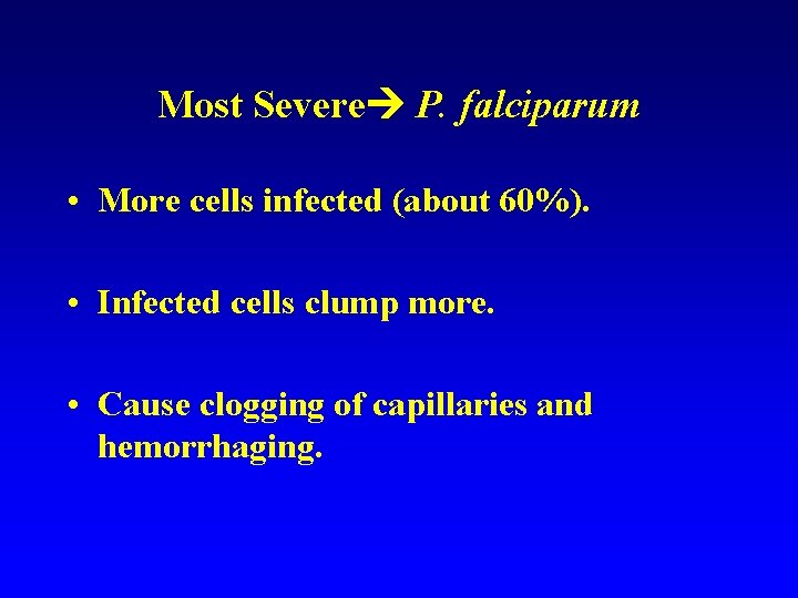 Most Severe P. falciparum • More cells infected (about 60%). • Infected cells clump Most Severe P. falciparum • More cells infected (about 60%). • Infected cells clump