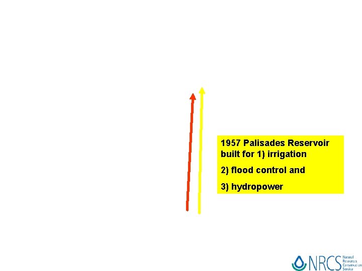 1957 Palisades Reservoir built for 1) irrigation 2) flood control and 3) hydropower 