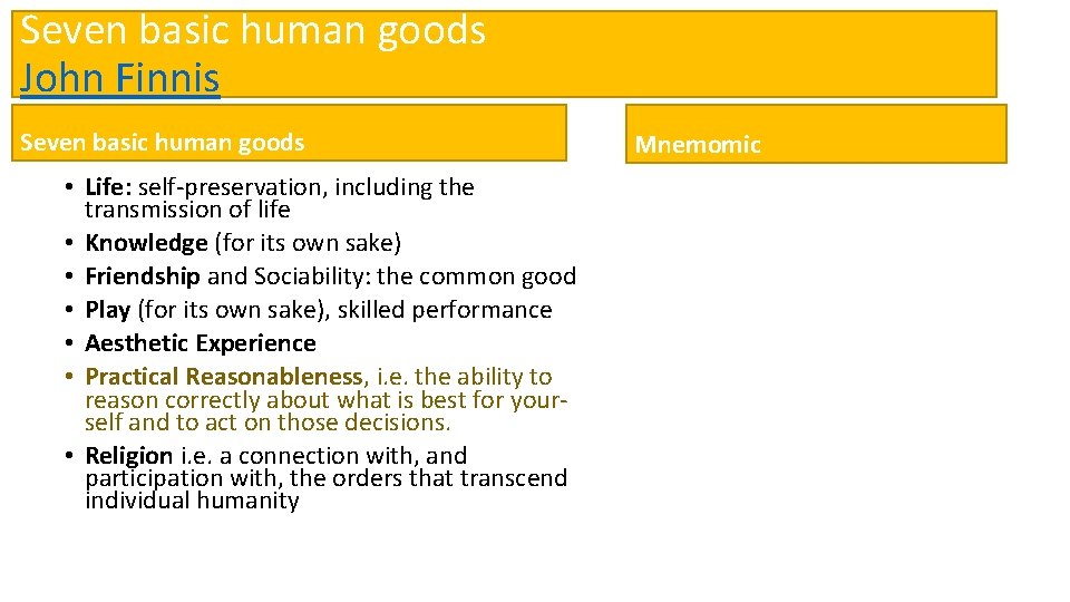Seven basic human goods John Finnis Seven basic human goods • Life: self-preservation, including
