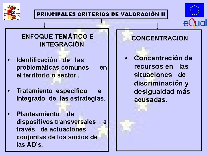 PRINCIPALES CRITERIOS DE VALORACIÓN II ENFOQUE TEMÁTICO E INTEGRACIÓN • Identificación de las problemáticas