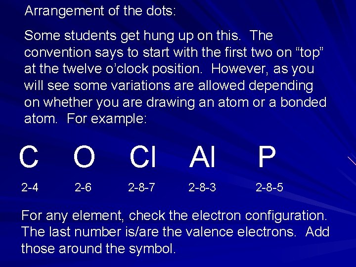 Arrangement of the dots: Some students get hung up on this. The convention says