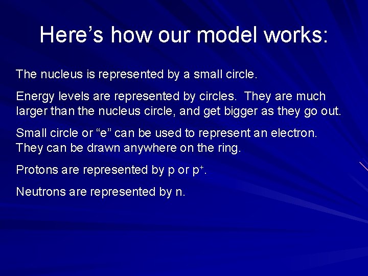 Here’s how our model works: The nucleus is represented by a small circle. Energy