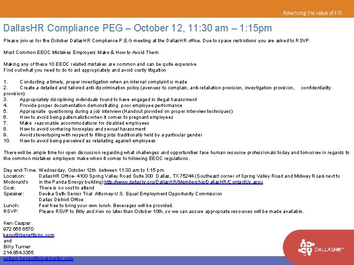 Dallas. HR Compliance PEG – October 12, 11: 30 am – 1: 15 pm