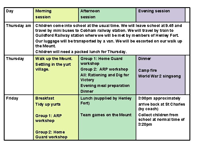 Day Morning session Thursday am Children come into school at the usual time. We