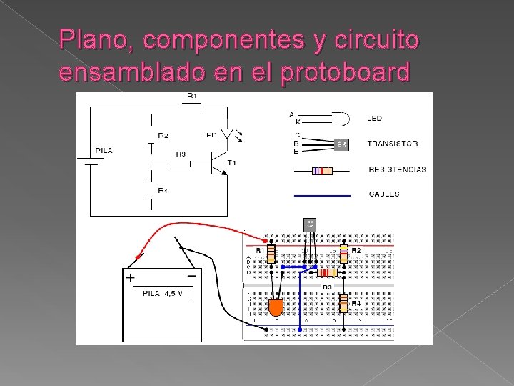 Plano, componentes y circuito ensamblado en el protoboard 
