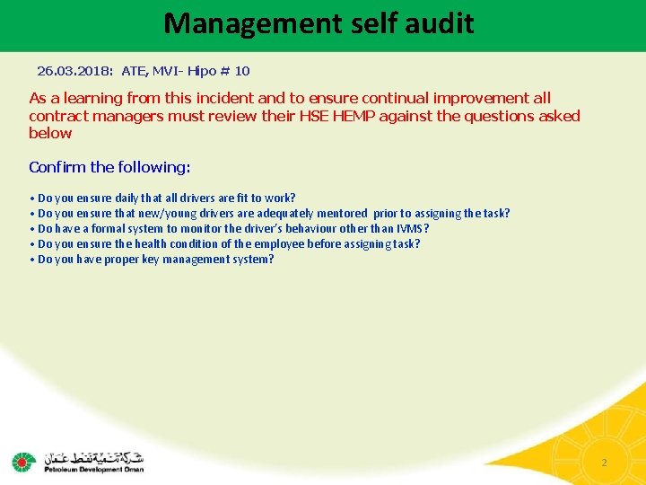 Management self audit 26. 03. 2018: ATE, MVI- Hipo # 10 As a learning