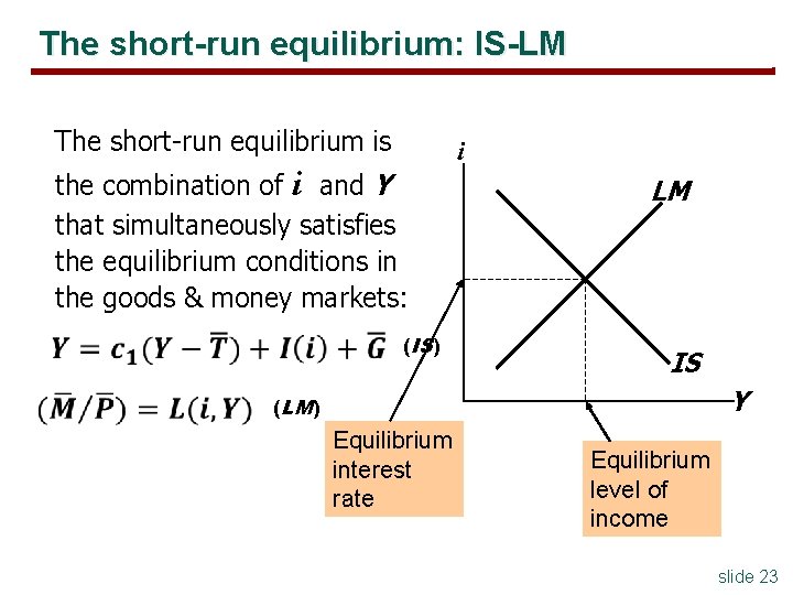 The short-run equilibrium: IS-LM The short-run equilibrium is the combination of i and Y