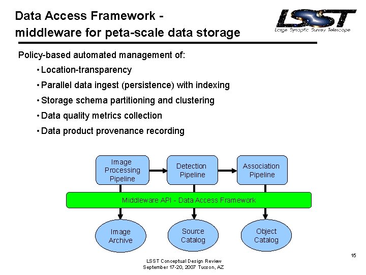 Data Access Framework middleware for peta-scale data storage Policy-based automated management of: • Location-transparency