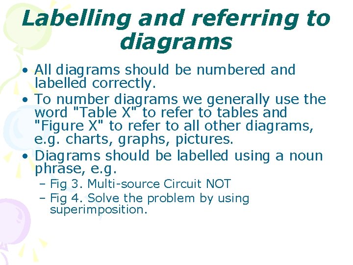 Labelling and referring to diagrams • All diagrams should be numbered and labelled correctly.