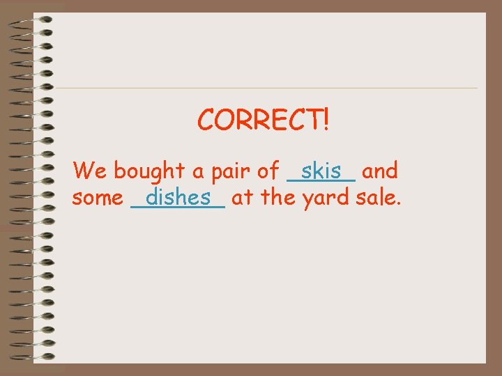 CORRECT! We bought a pair of _skis_ and some _dishes_ at the yard sale.