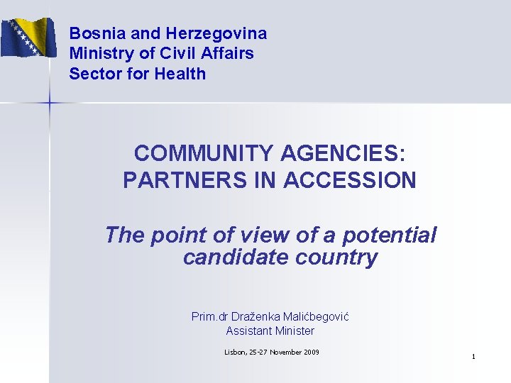 Bosnia and Herzegovina Ministry of Civil Affairs Sector for Health COMMUNITY AGENCIES: PARTNERS IN