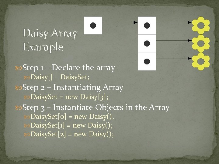 Daisy Array Example Step 1 – Declare the array Daisy[] Daisy. Set; Step 2