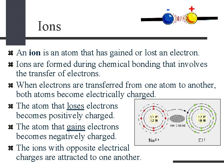 Ions An ion is an atom that has gained or lost an electron. Ions
