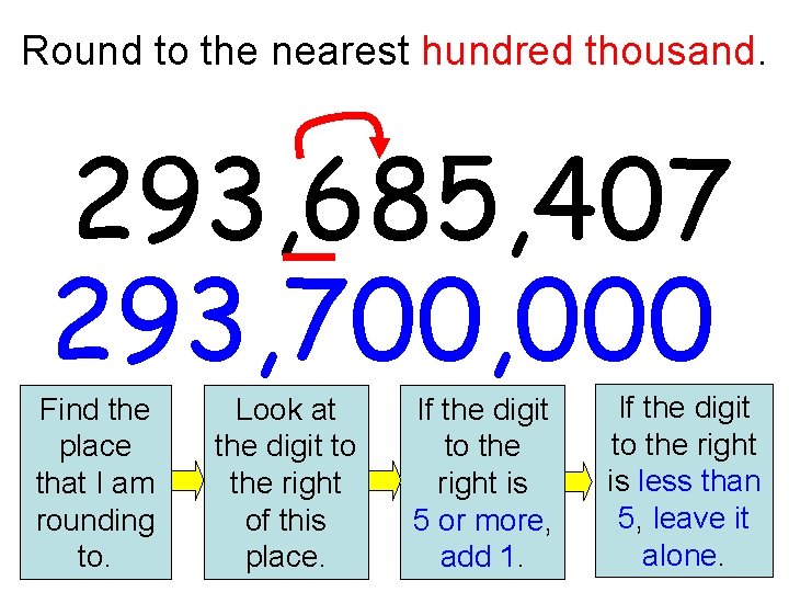 Round to the nearest hundred thousand. 293, 685, 407 293, 700, 000 Find the Round to the nearest hundred thousand. 293, 685, 407 293, 700, 000 Find the