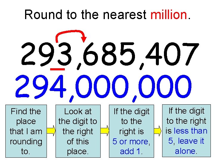 Round to the nearest million. 293, 685, 407 294, 000 Find the place that Round to the nearest million. 293, 685, 407 294, 000 Find the place that