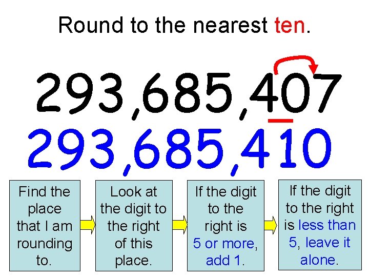 Round to the nearest ten. 293, 685, 407 293, 685, 4 1 0 Find Round to the nearest ten. 293, 685, 407 293, 685, 4 1 0 Find