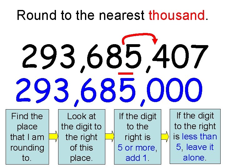 Round to the nearest thousand. 293, 685, 407 293, 685, 000 Find the place Round to the nearest thousand. 293, 685, 407 293, 685, 000 Find the place