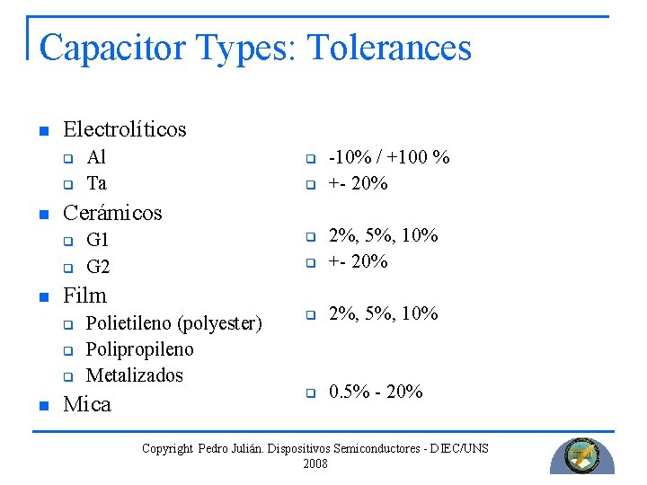 Capacitor Types: Tolerances n Electrolíticos q q n q q G 1 G 2