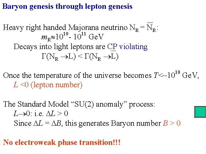 Baryon genesis through lepton genesis Heavy right handed Majorana neutrino NR = NR: m.