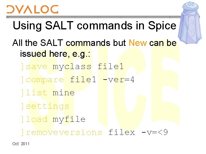 Using SALT commands in Spice All the SALT commands but New can be issued