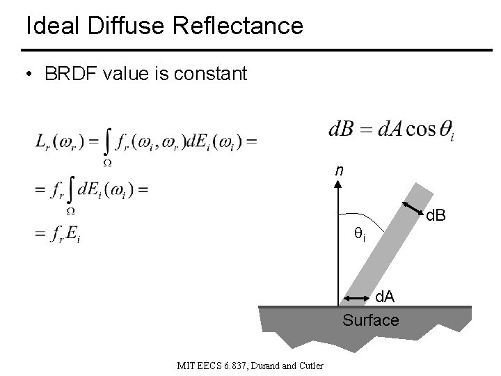 Ideal Diffuse Reflectance • BRDF value is constant n i d. A Surface MIT