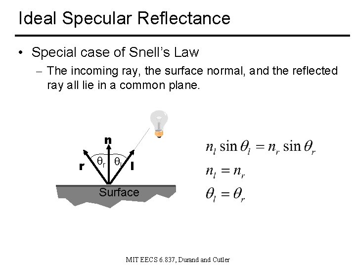 Ideal Specular Reflectance • Special case of Snell’s Law – The incoming ray, the