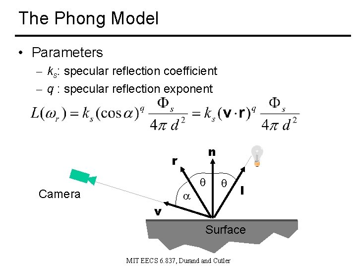 The Phong Model • Parameters – ks: specular reflection coefficient – q : specular