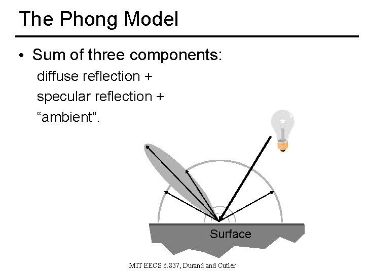 The Phong Model • Sum of three components: diffuse reflection + specular reflection +