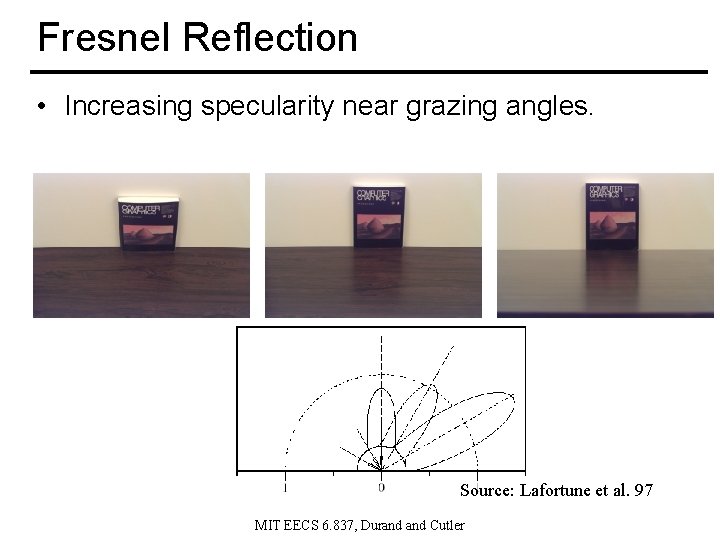 Fresnel Reflection • Increasing specularity near grazing angles. Source: Lafortune et al. 97 MIT