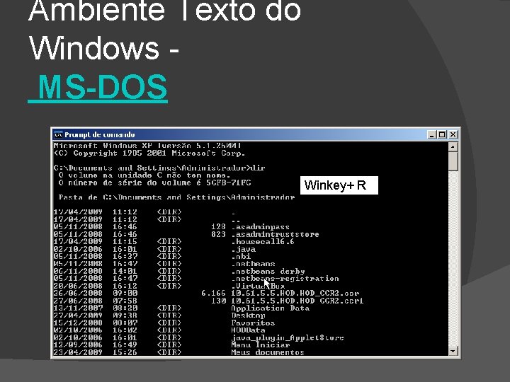 Ambiente Texto do Windows MS-DOS Winkey+ R 