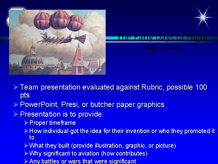 The Early Days of Flight Pages 14 -25 Ø Team presentation evaluated against Rubric,