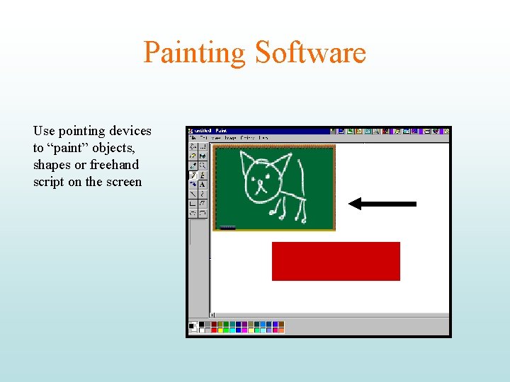 Painting Software Use pointing devices to “paint” objects, shapes or freehand script on the