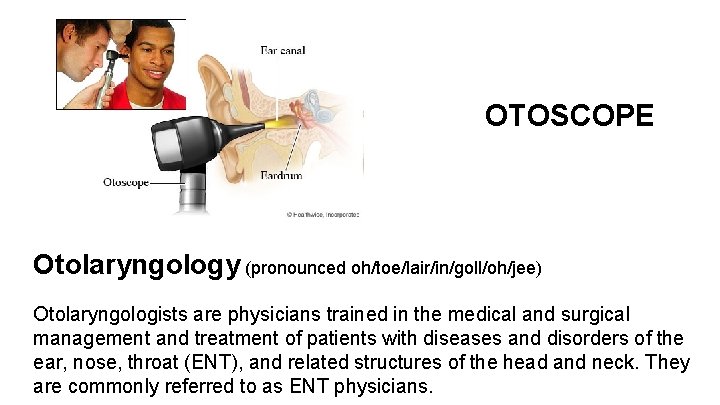 OTOSCOPE Otolaryngology (pronounced oh/toe/lair/in/goll/oh/jee) Otolaryngologists are physicians trained in the medical and surgical management