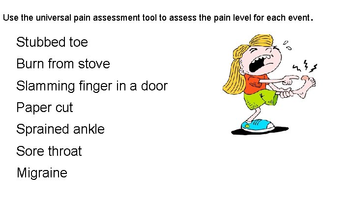 Use the universal pain assessment tool to assess the pain level for each event