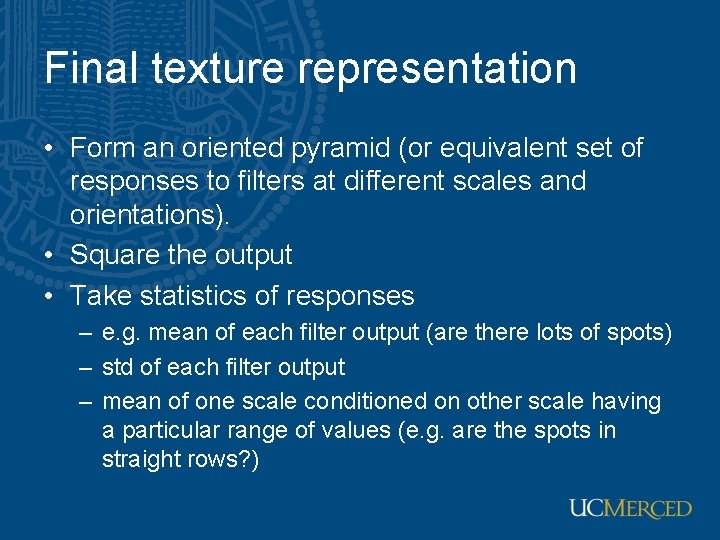 Final texture representation • Form an oriented pyramid (or equivalent set of responses to