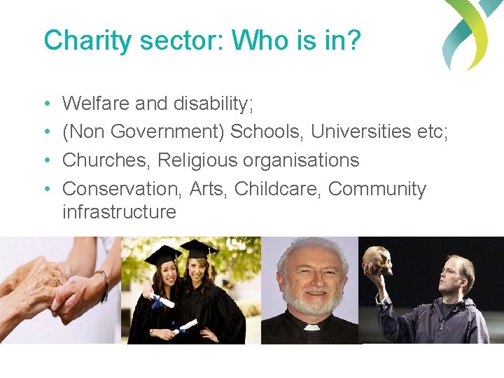 Charity sector: Who is in? • • Welfare and disability; (Non Government) Schools, Universities