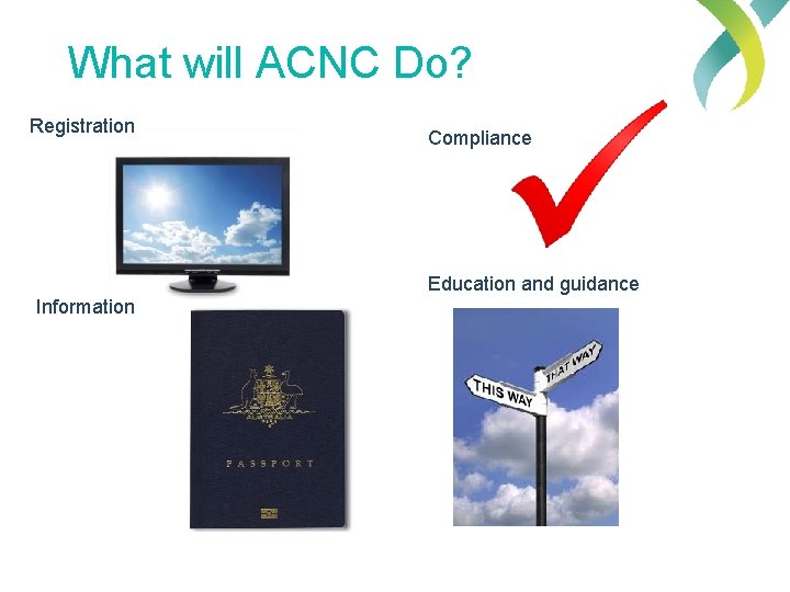 What will ACNC Do? Registration Compliance Education and guidance Information 