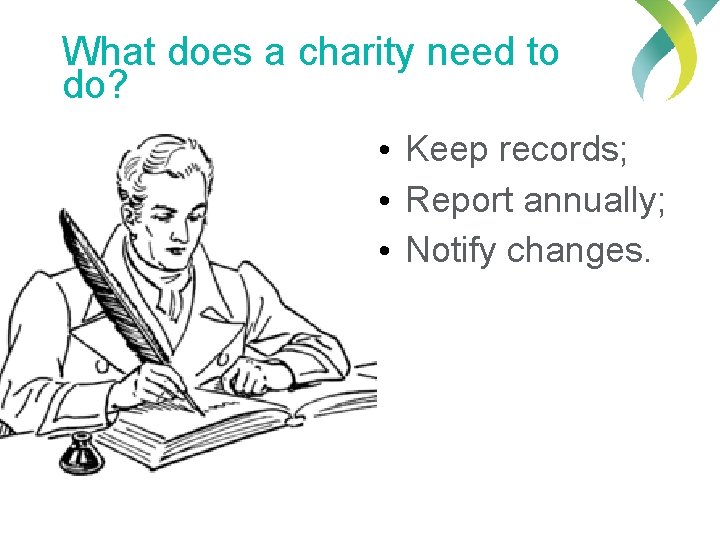 What does a charity need to do? • Keep records; • Report annually; •