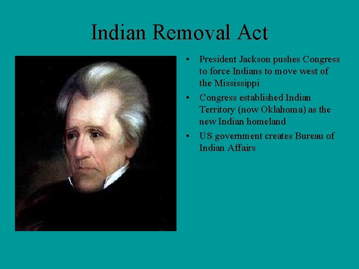 Indian Removal Act • President Jackson pushes Congress to force Indians to move west