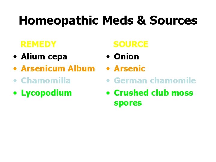 Homeopathic Meds & Sources • • REMEDY Alium cepa Arsenicum Album Chamomilla Lycopodium •