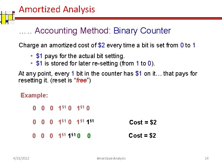 Amortized Analysis …. . Accounting Method: Binary Counter Charge an amortized cost of $2