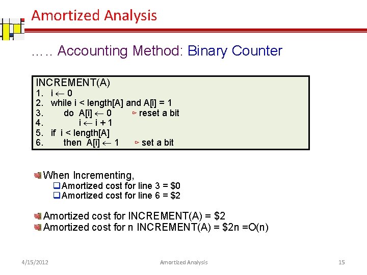 Amortized Analysis …. . Accounting Method: Binary Counter INCREMENT(A) 1. i 0 2. while