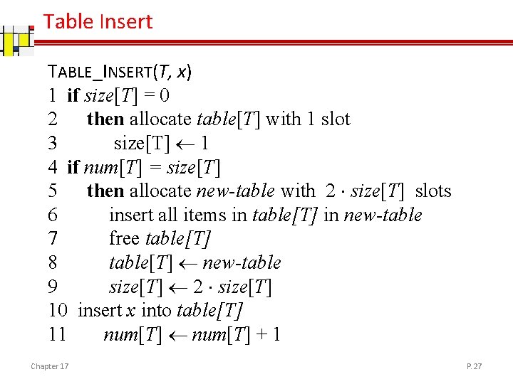 Table Insert TABLE_INSERT(T, x) 1 if size[T] = 0 2 then allocate table[T] with